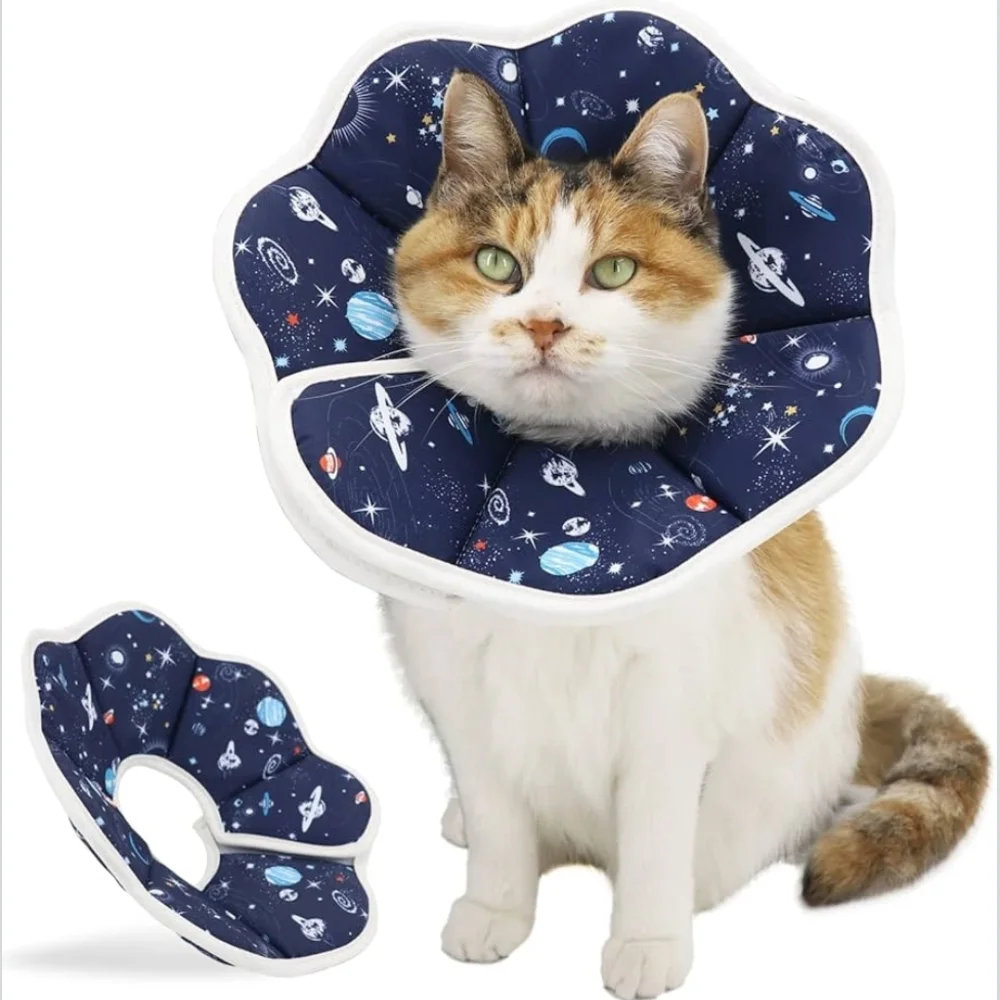 Calming Space-Print Soft Recovery Collar for Cats - Navy
